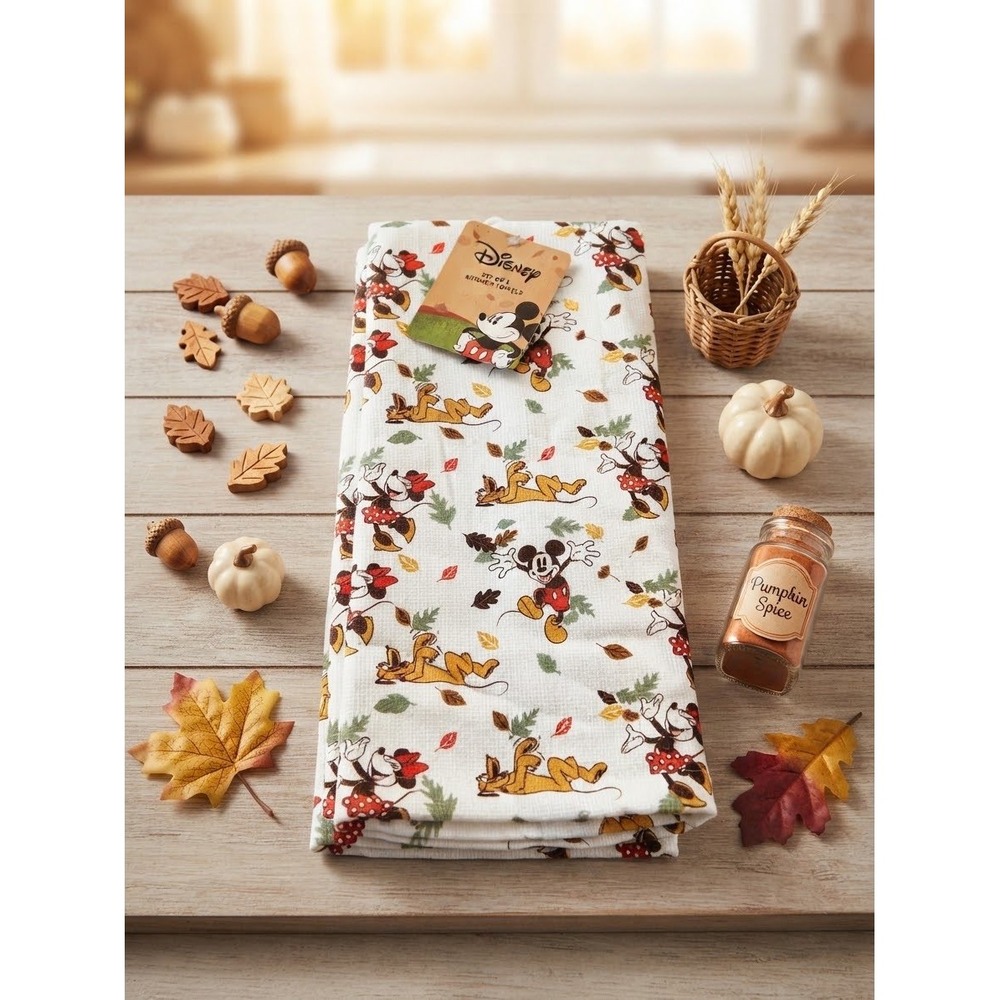 Disney Mickey Minnie Pluto Fall Leaves Kitchen Towels Set of 2 NEW